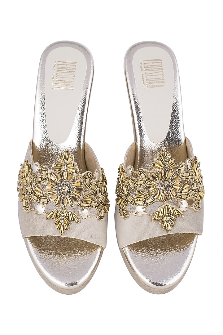 Off White & Gold Embroidered Slip On Wedges by Veruschka by Payal Kothari at Pernia's Pop Up Shop