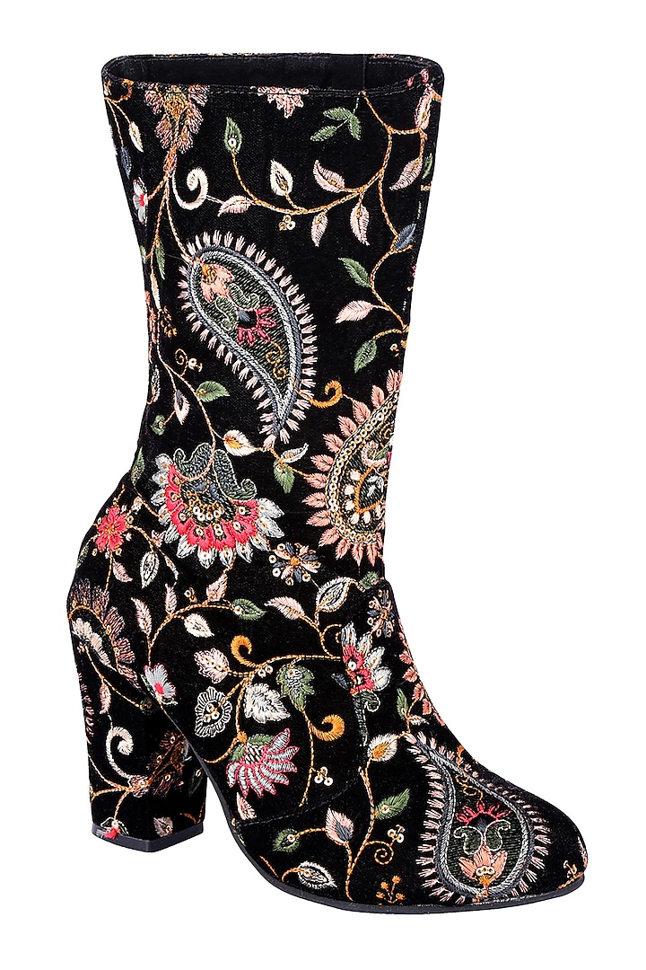 Black Embroidered Calf Length Boots by Veruschka By Payal Kothari