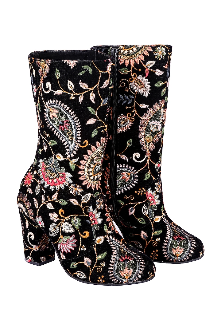 Black Embroidered Calf Length Boots by Veruschka By Payal Kothari at Pernia's Pop Up Shop