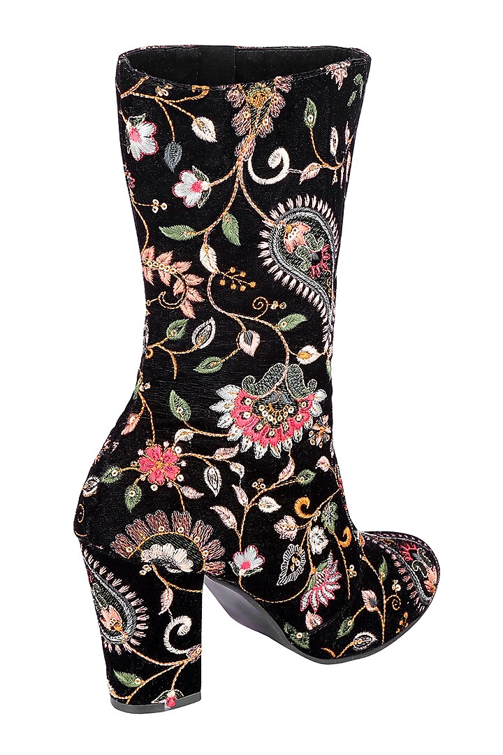 Black Embroidered Calf Length Boots by Veruschka By Payal Kothari at Pernia's Pop Up Shop