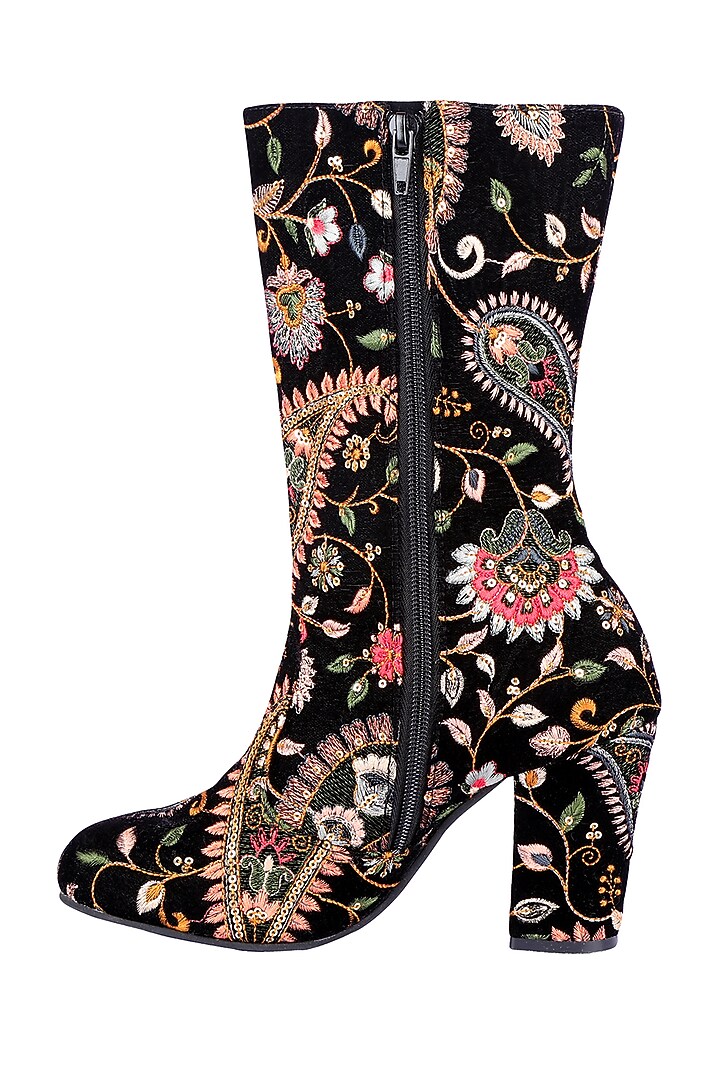 Black Embroidered Calf Length Boots by Veruschka By Payal Kothari at Pernia's Pop Up Shop