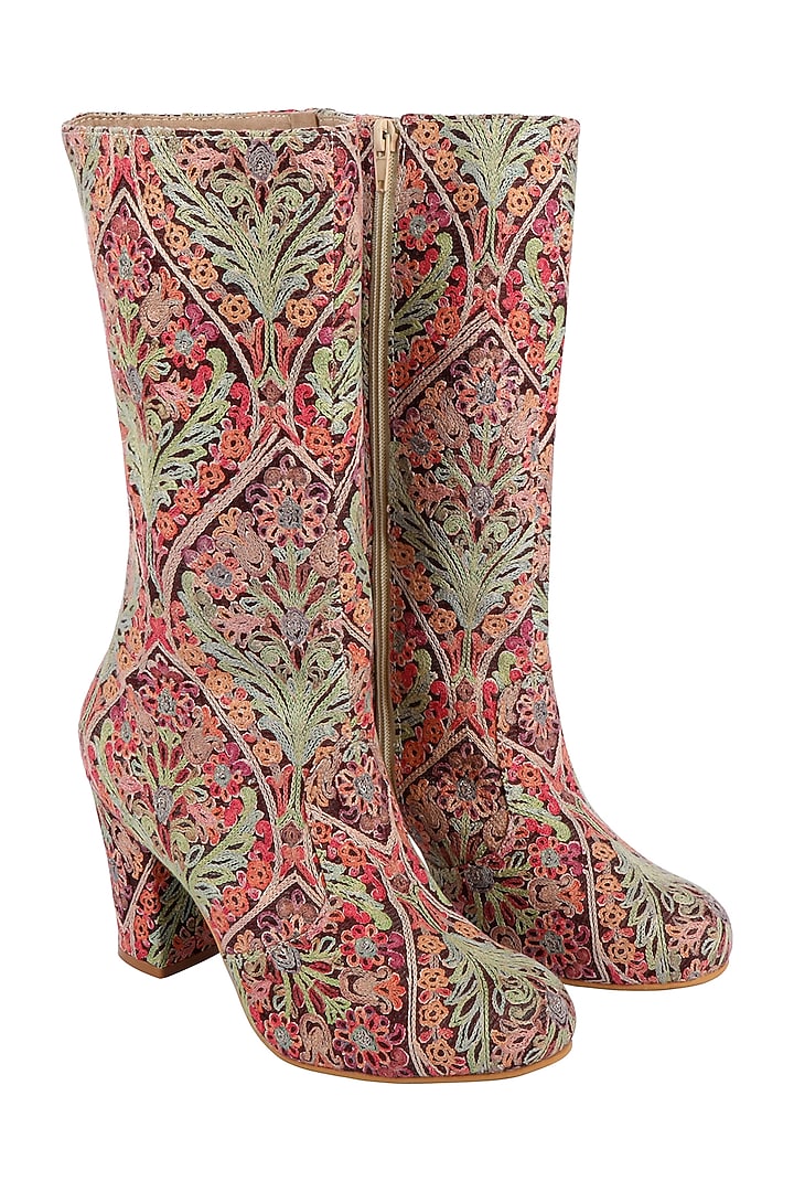 Multi Colored Embroidered Calf Length Boots by Veruschka By Payal Kothari at Pernia's Pop Up Shop