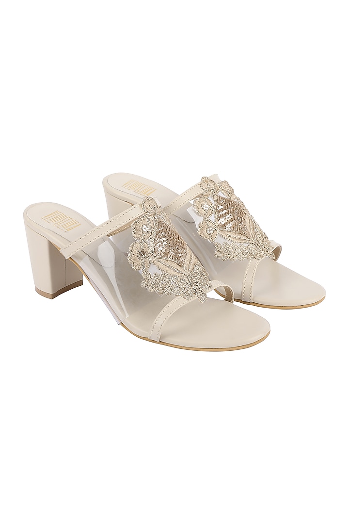 Cream & Gold Block Heels With Clear Upper by Veruschka By Payal Kothari at Pernia's Pop Up Shop