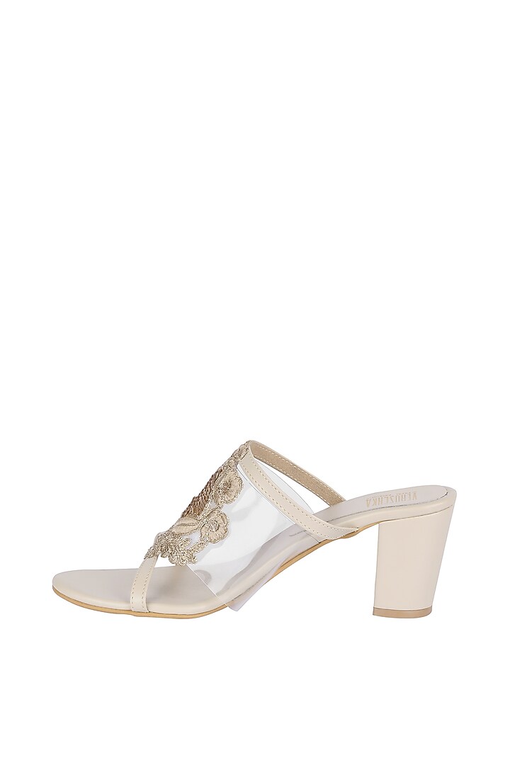 Cream & Gold Block Heels With Clear Upper by Veruschka By Payal Kothari at Pernia's Pop Up Shop