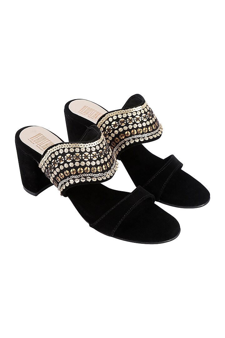 Black & Gold Embroidered Block Heels by Veruschka By Payal Kothari at Pernia's Pop Up Shop