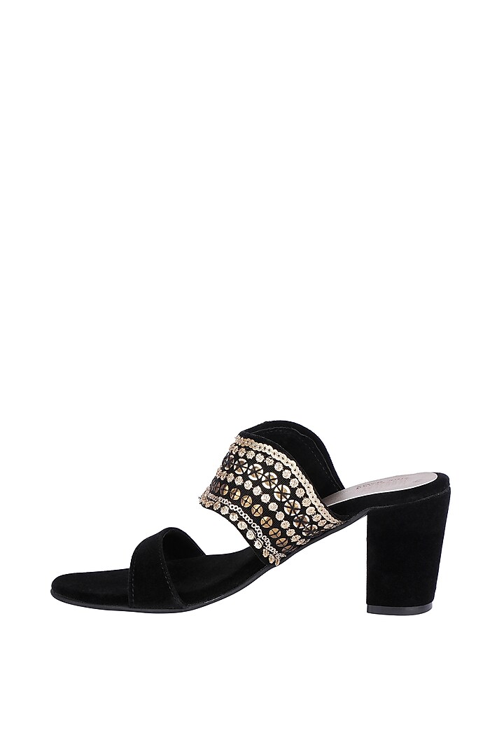 Black & Gold Embroidered Block Heels by Veruschka By Payal Kothari at Pernia's Pop Up Shop