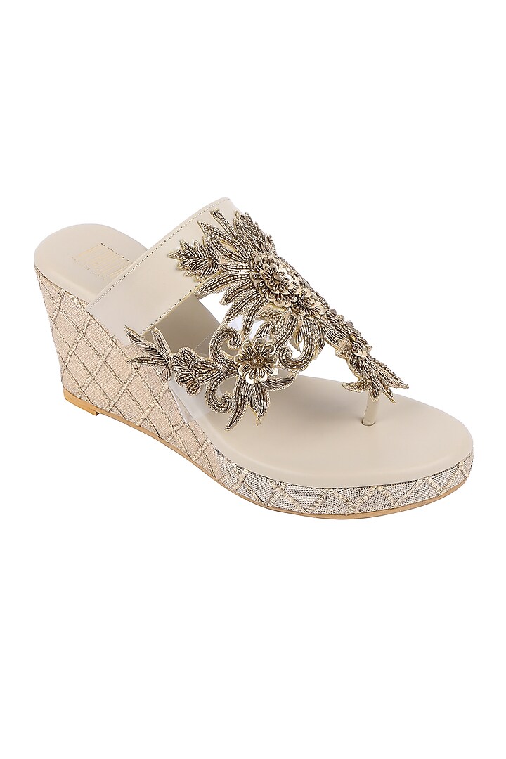 Cream & Gold Embroidered Wedges by Veruschka By Payal Kothari