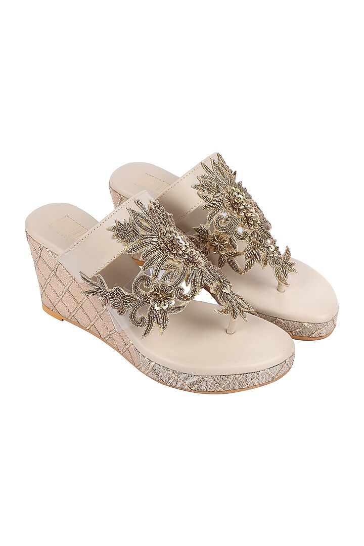 Cream & Gold Embroidered Wedges by Veruschka By Payal Kothari at Pernia's Pop Up Shop