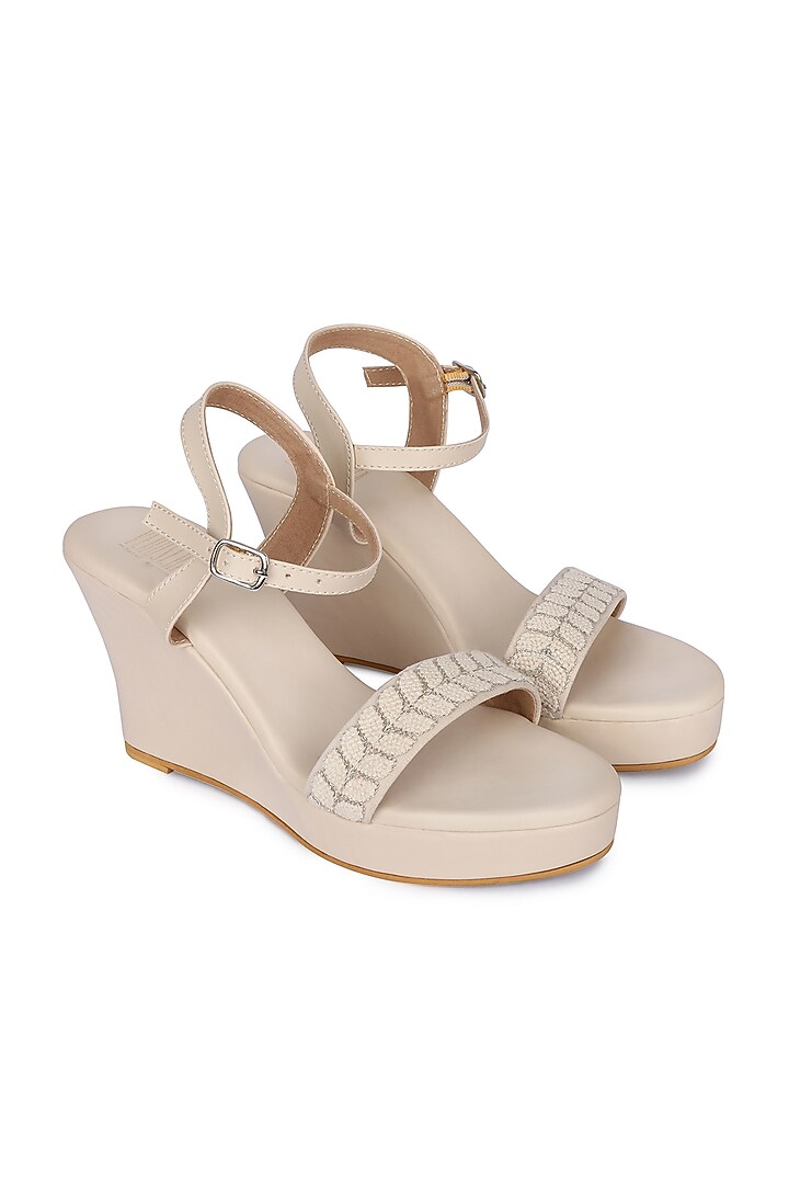 Cream Thread Embroidered Wedges by Veruschka By Payal Kothari at Pernia's Pop Up Shop