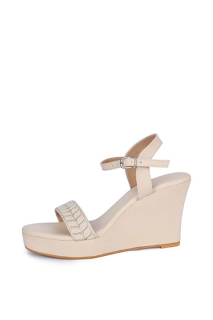 Cream Thread Embroidered Wedges by Veruschka By Payal Kothari at Pernia's Pop Up Shop