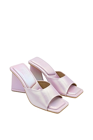 Pink Vegan Leather Holographic Heeled Mules by Veruschka By Payal Kothari