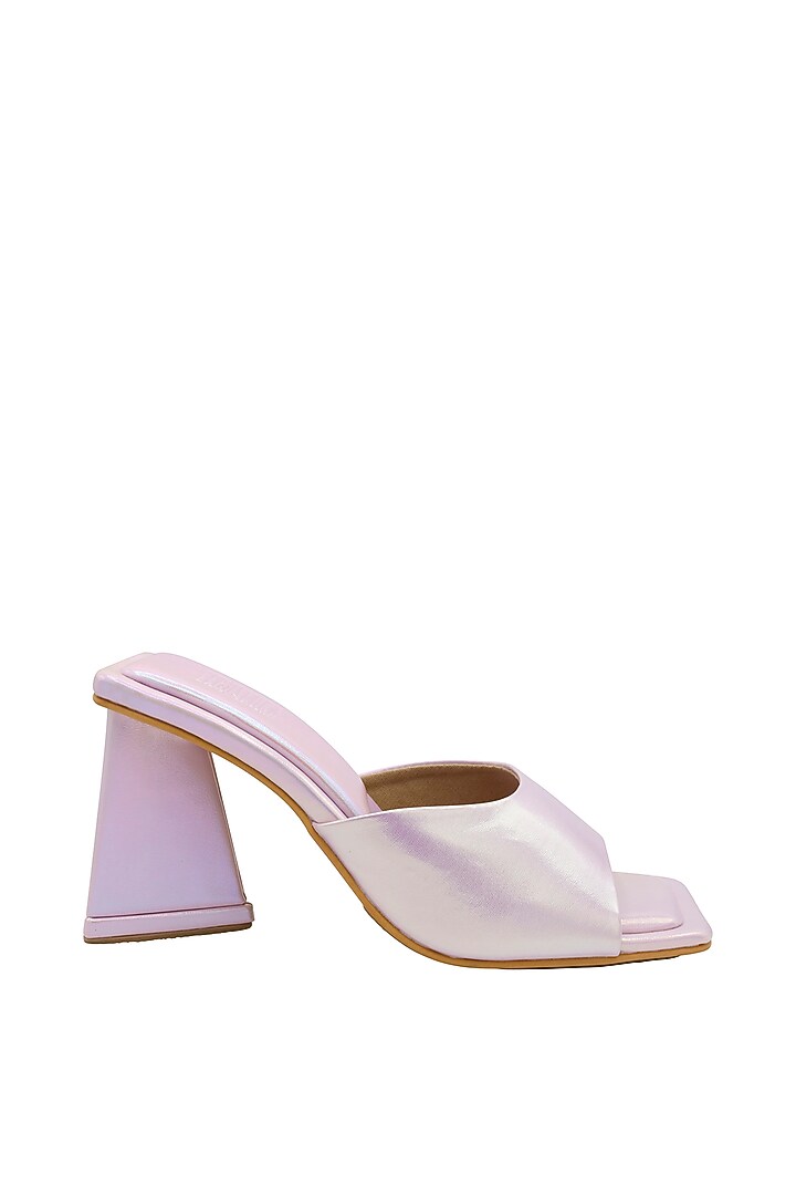 Pink Vegan Leather Holographic Heeled Mules by Veruschka By Payal Kothari at Pernia's Pop Up Shop