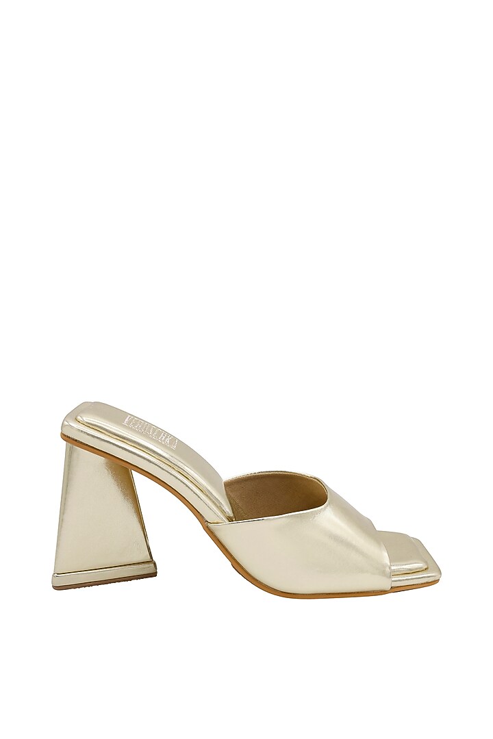 Gold Vegan Leather Heeled Mules by Veruschka By Payal Kothari at Pernia's Pop Up Shop