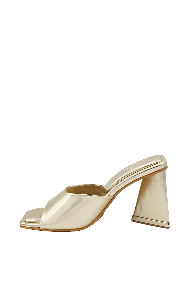 Gold Vegan Leather Heeled Mules by Veruschka By Payal Kothari at Pernia's Pop Up Shop