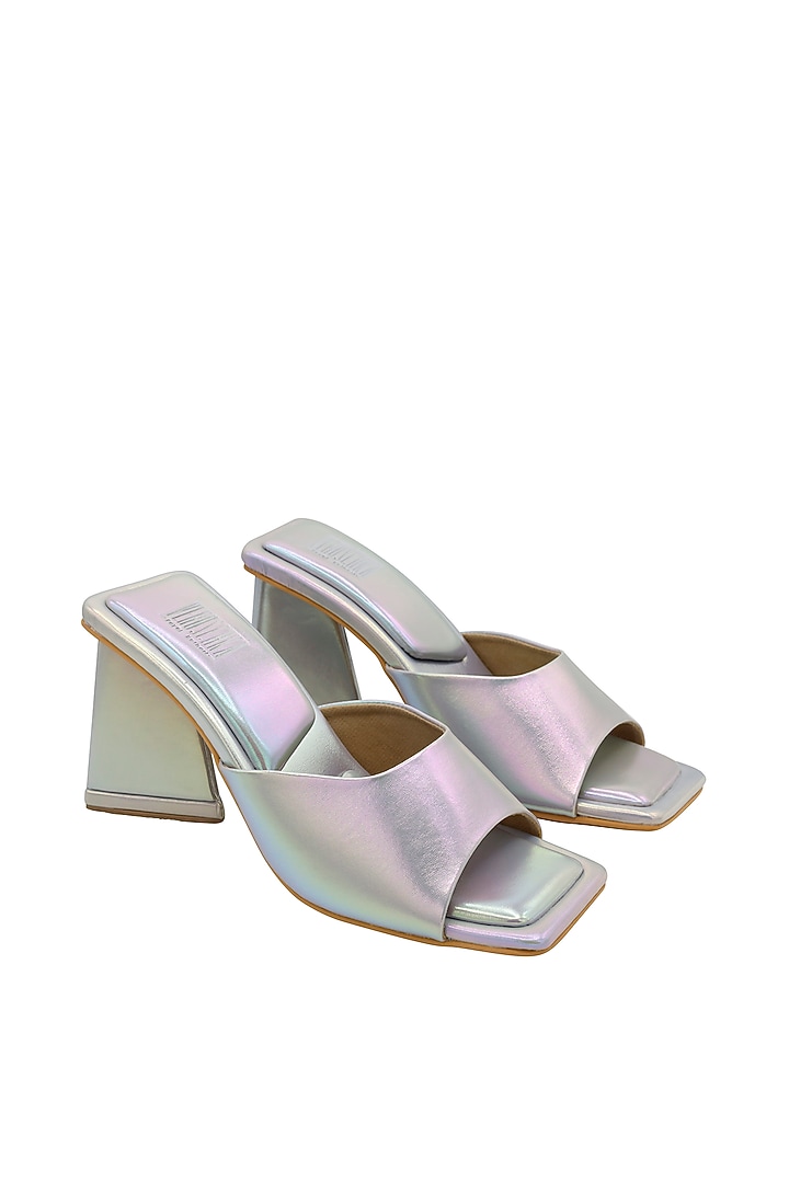 Silver Vegan Leather Heeled Mules by Veruschka By Payal Kothari at Pernia's Pop Up Shop