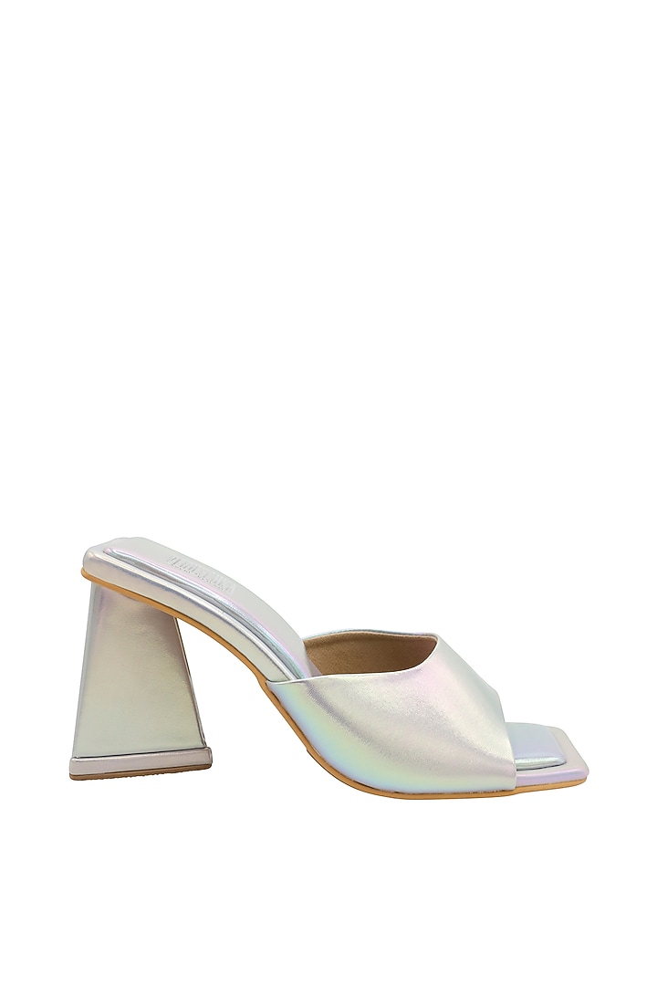 Silver Vegan Leather Heeled Mules by Veruschka By Payal Kothari at Pernia's Pop Up Shop