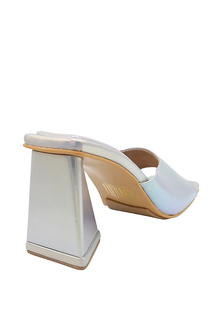 Silver Vegan Leather Heeled Mules by Veruschka By Payal Kothari at Pernia's Pop Up Shop