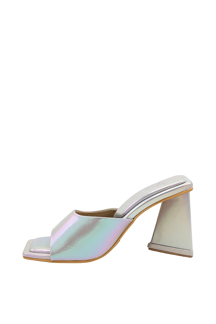 Silver Vegan Leather Heeled Mules by Veruschka By Payal Kothari at Pernia's Pop Up Shop
