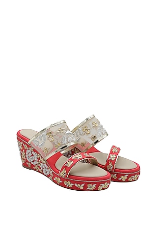 Red Raw Silk Zardosi Embroidered Wedges by Veruschka By Payal Kothari