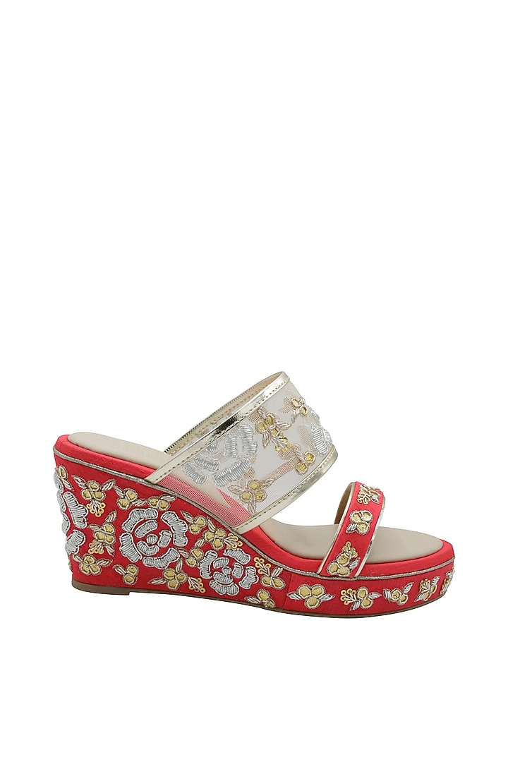 Red Raw Silk Zardosi Embroidered Wedges by Veruschka By Payal Kothari at Pernia's Pop Up Shop