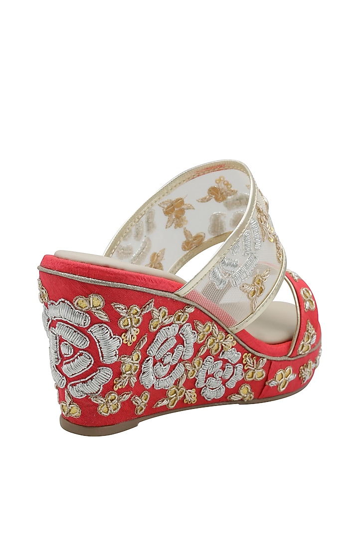 Red Raw Silk Zardosi Embroidered Wedges by Veruschka By Payal Kothari at Pernia's Pop Up Shop