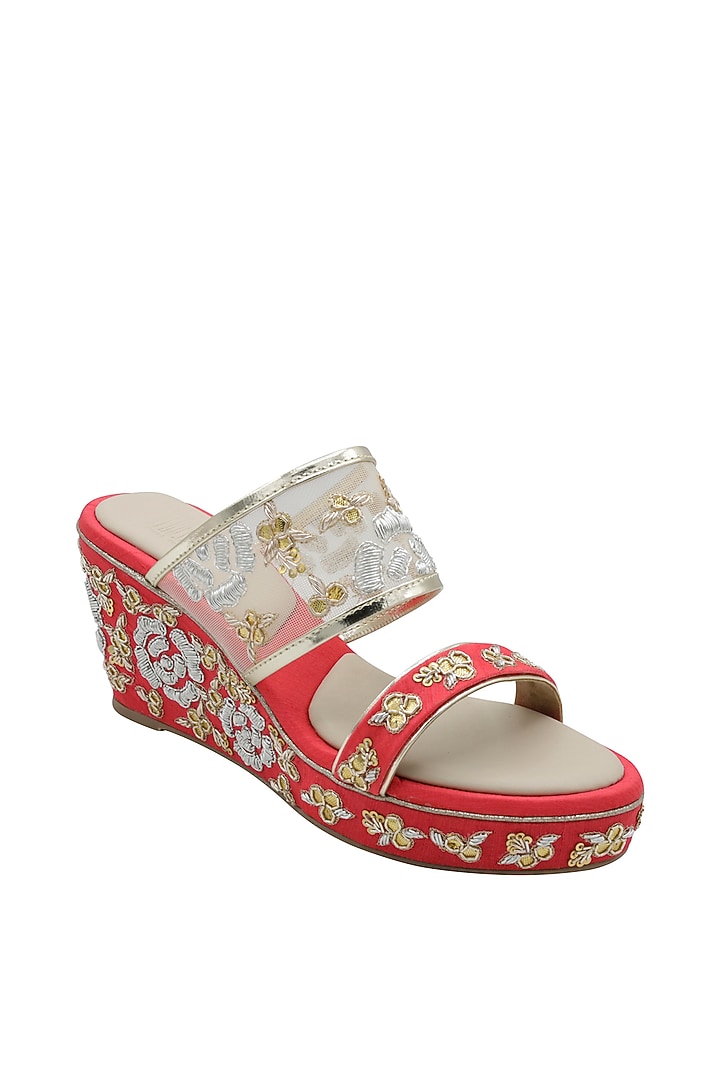 Red Raw Silk Zardosi Embroidered Wedges by Veruschka By Payal Kothari at Pernia's Pop Up Shop