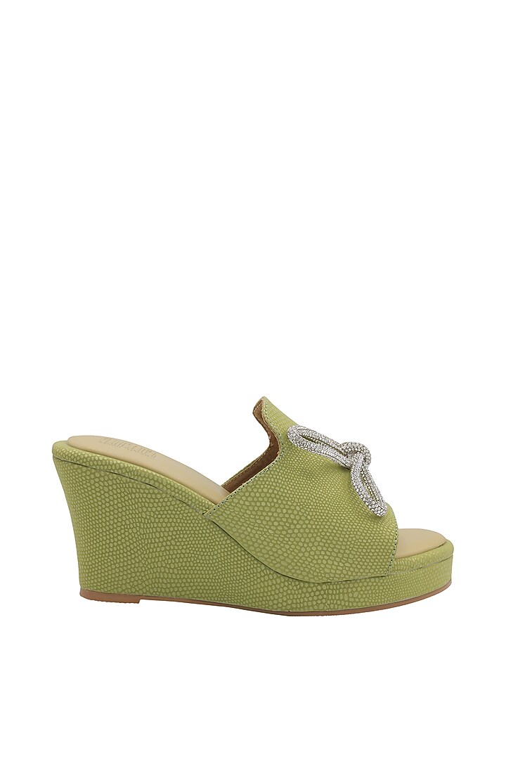 Green Faux Leather Wedges by Veruschka By Payal Kothari at Pernia's Pop Up Shop