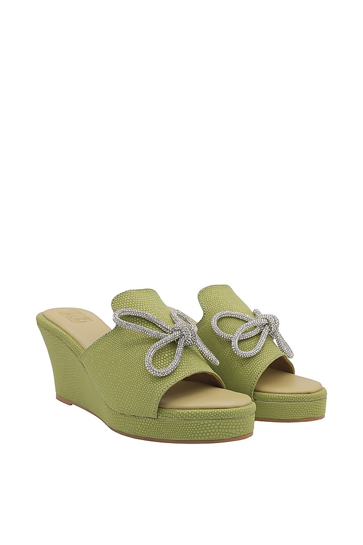 Green Faux Leather Wedges by Veruschka By Payal Kothari at Pernia's Pop Up Shop