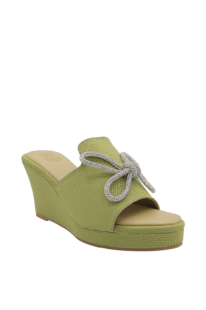 Green Faux Leather Wedges by Veruschka By Payal Kothari at Pernia's Pop Up Shop