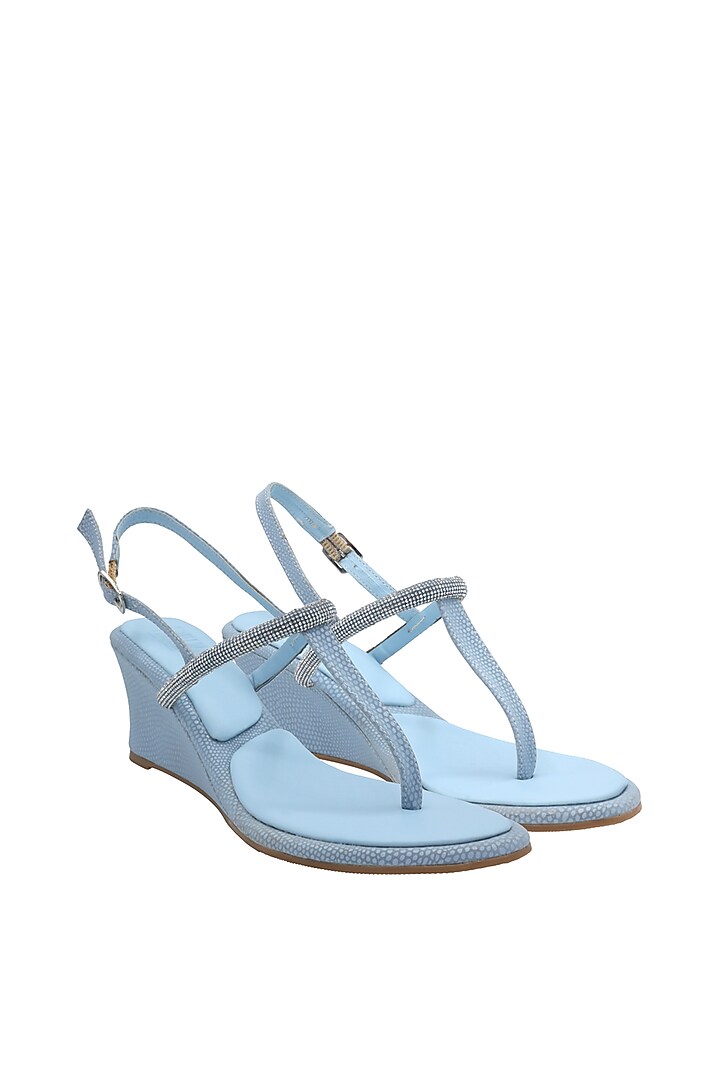 Blue & Silver Faux Leather Thong Wedges by Veruschka By Payal Kothari at Pernia's Pop Up Shop
