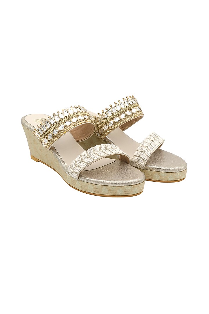 Beige Embroidered Wedges by Veruschka By Payal Kothari at Pernia's Pop Up Shop