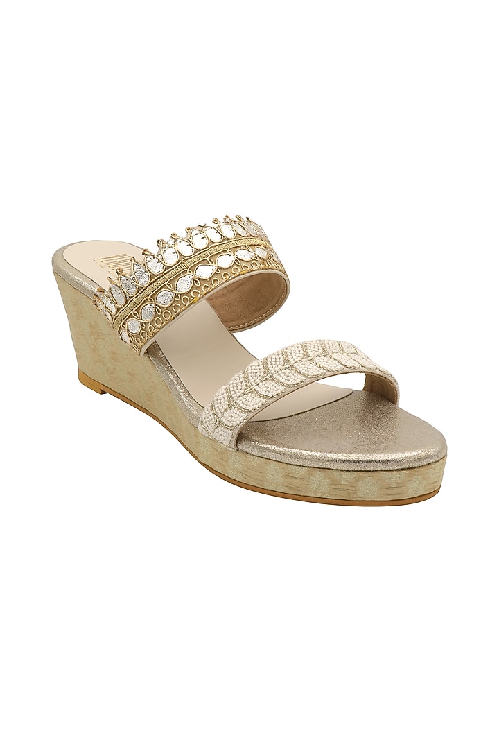 Beige Embroidered Wedges by Veruschka By Payal Kothari at Pernia's Pop Up Shop