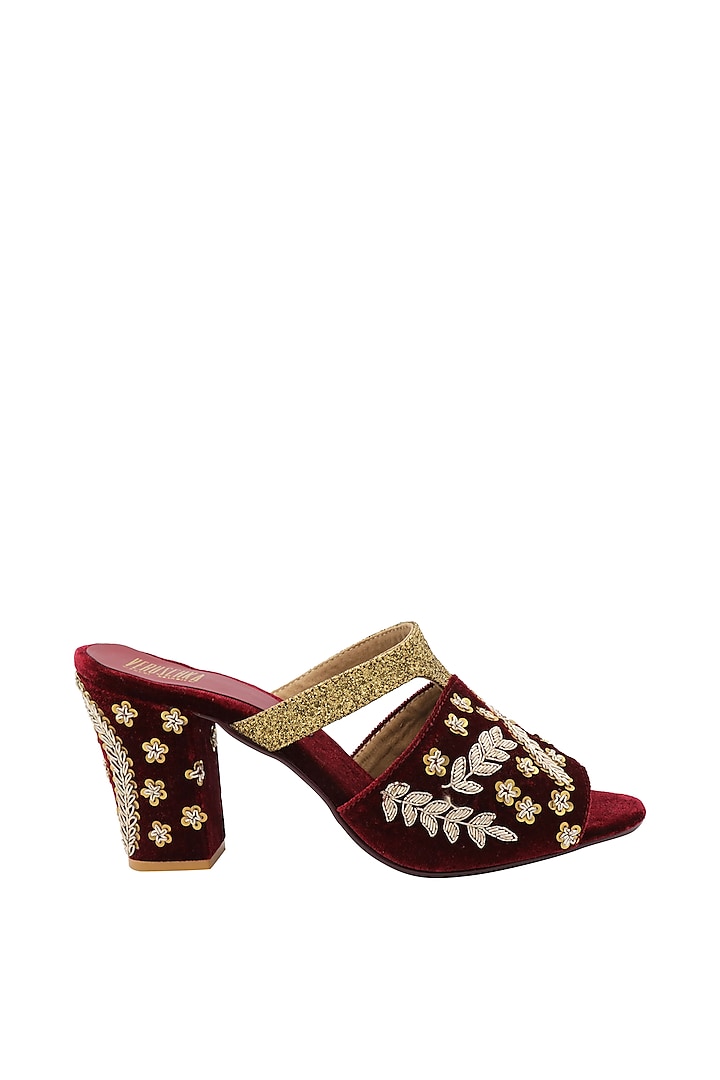 Maroon Zardosi Embroidered Peep-Toe Heels by Veruschka By Payal Kothari