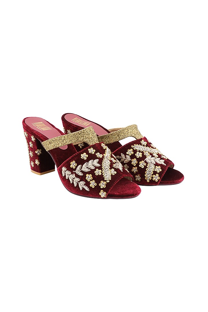 Maroon Zardosi Embroidered Peep-Toe Heels by Veruschka By Payal Kothari at Pernia's Pop Up Shop