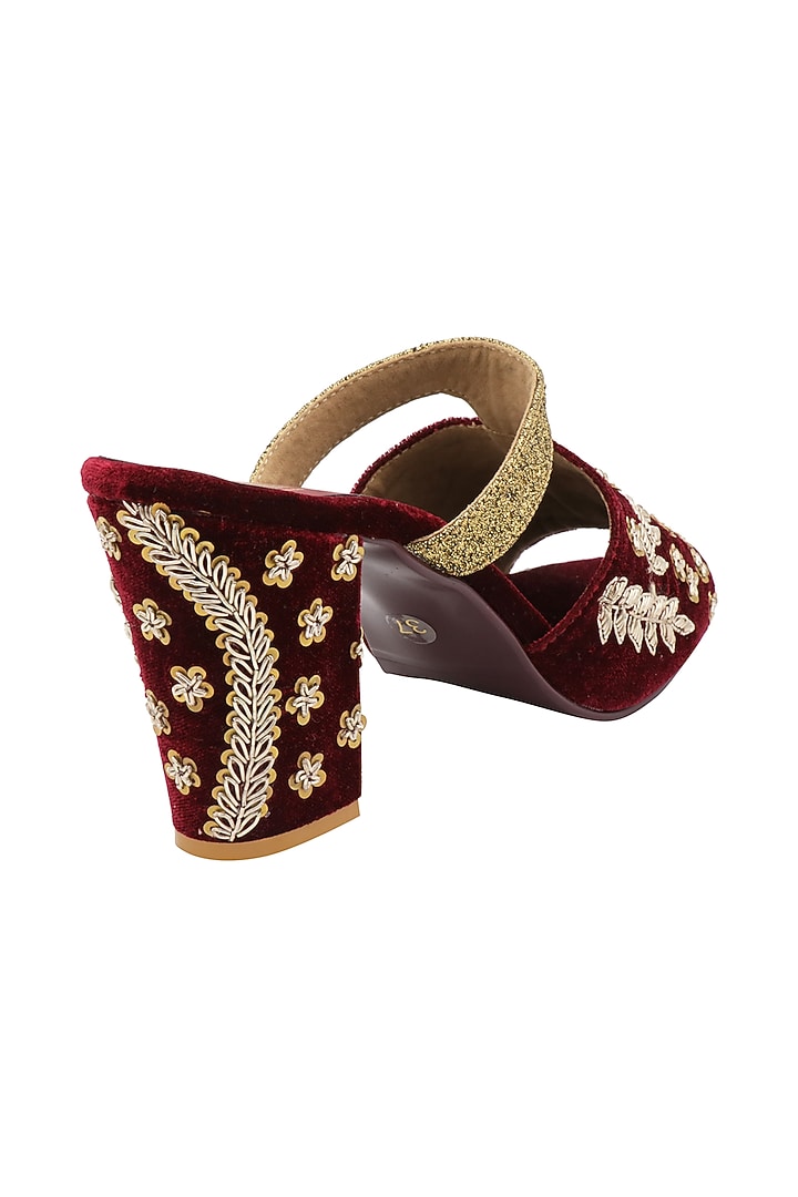 Maroon Zardosi Embroidered Peep-Toe Heels by Veruschka By Payal Kothari at Pernia's Pop Up Shop