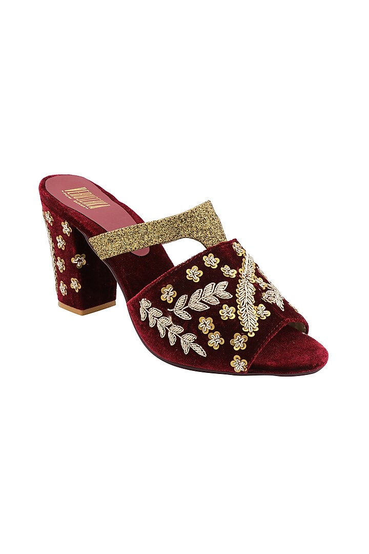 Maroon Zardosi Embroidered Peep-Toe Heels by Veruschka By Payal Kothari at Pernia's Pop Up Shop