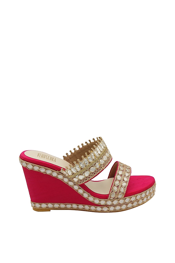 Hot Pink Gota Embroidered Wedges by Veruschka By Payal Kothari