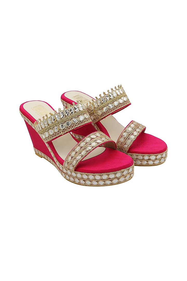 Hot Pink Gota Embroidered Wedges by Veruschka By Payal Kothari at Pernia's Pop Up Shop