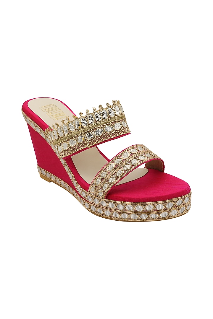 Hot Pink Gota Embroidered Wedges by Veruschka By Payal Kothari at Pernia's Pop Up Shop