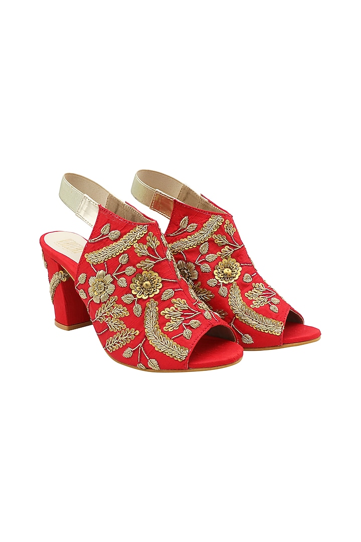 Red Embroidered Peep-Toe Heels by Veruschka By Payal Kothari at Pernia's Pop Up Shop