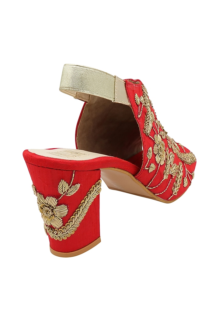 Red Embroidered Peep-Toe Heels by Veruschka By Payal Kothari at Pernia's Pop Up Shop