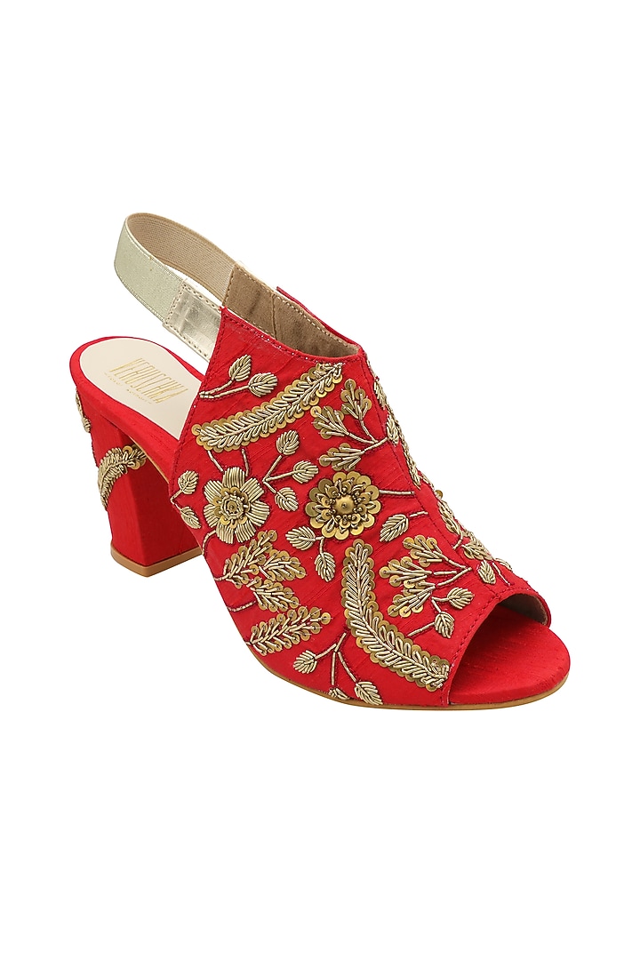 Red Embroidered Peep-Toe Heels by Veruschka By Payal Kothari at Pernia's Pop Up Shop