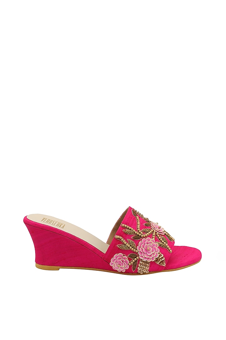 Hot Pink Embroidered Slip-On Wedges by Veruschka By Payal Kothari at Pernia's Pop Up Shop