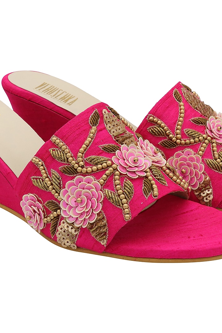 Hot Pink Embroidered Slip-On Wedges by Veruschka By Payal Kothari at Pernia's Pop Up Shop