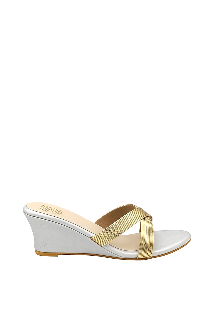Silver & Gold Slip-On Wedges by Veruschka By Payal Kothari at Pernia's Pop Up Shop