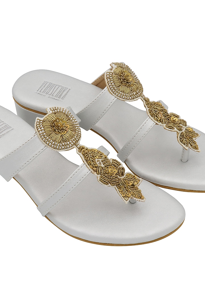 Silver Embroidered Low Block Heels by Veruschka By Payal Kothari at Pernia's Pop Up Shop