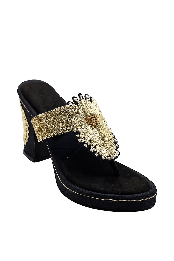 Black Suede Hand Embroidered Block Heels by Veruschka By Payal Kothari at Pernia's Pop Up Shop