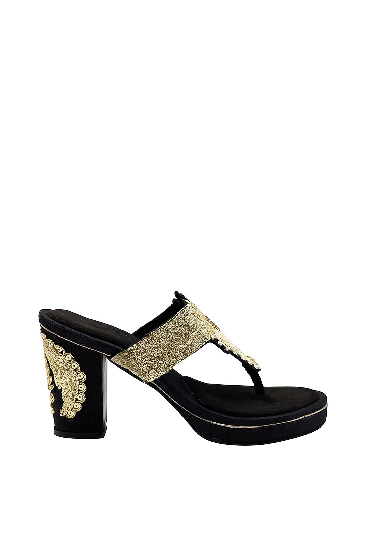 Black Suede Hand Embroidered Block Heels by Veruschka By Payal Kothari at Pernia's Pop Up Shop