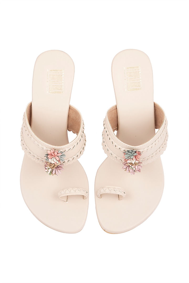 Cream Embroidered Kohlapuri Wedges by Veruschka By Payal Kothari at Pernia's Pop Up Shop