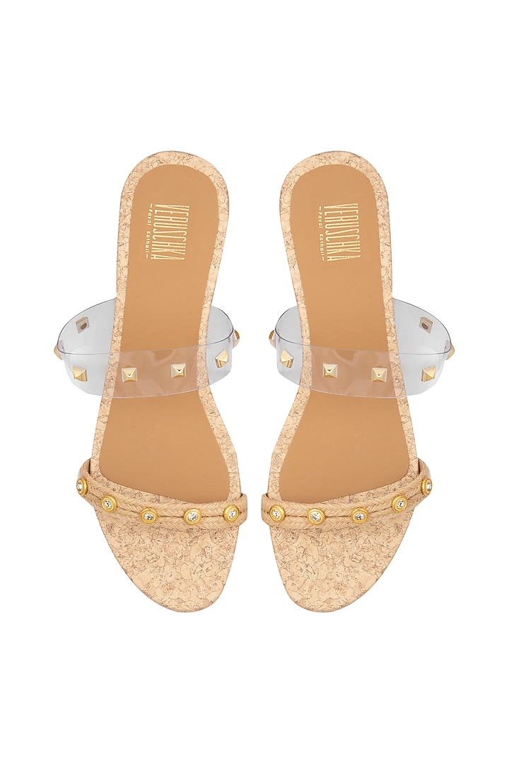 Cork & Gold Embellished Slip-on Sandals by Veruschka By Payal Kothari at Pernia's Pop Up Shop